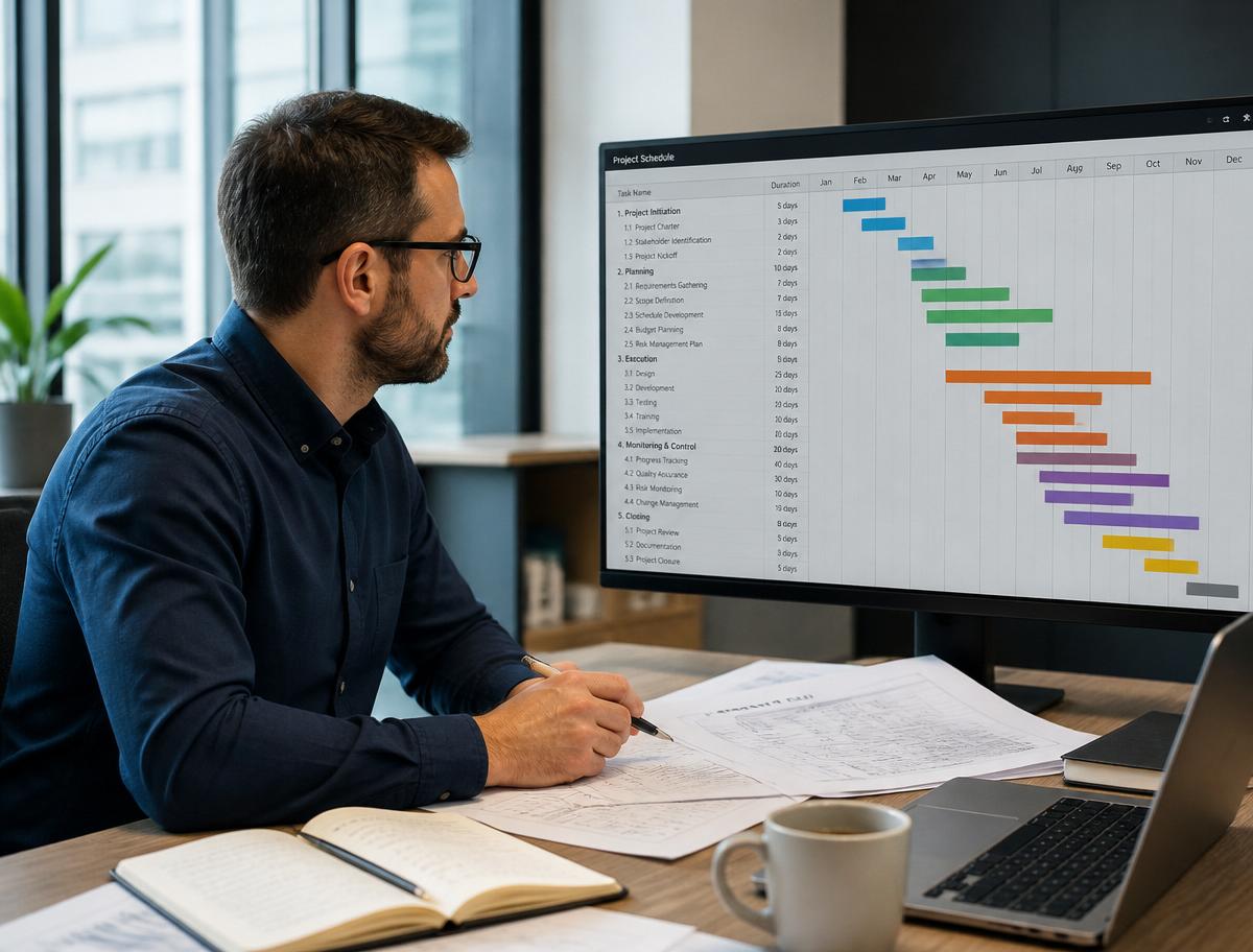 Project manager reviewing a project schedule and delivery dashboard in an office