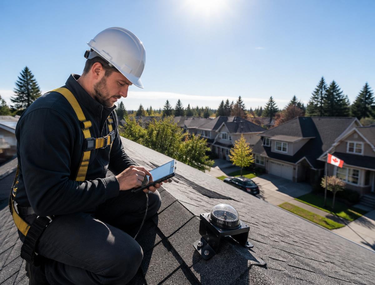 Technician on a residential rooftop conducting a solar pre-installation site assessment