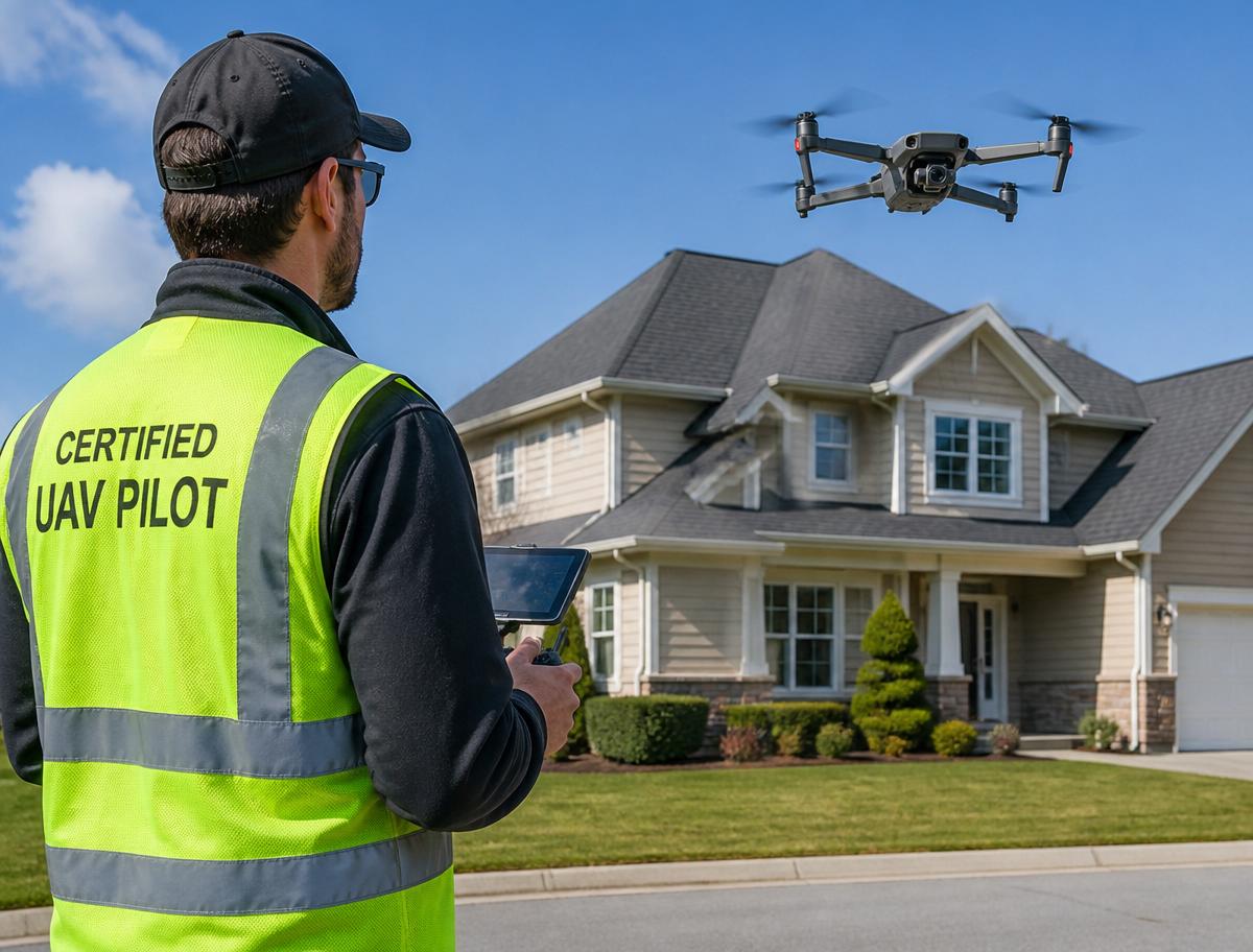 Certified UAV pilot operating a drone to inspect a residential property